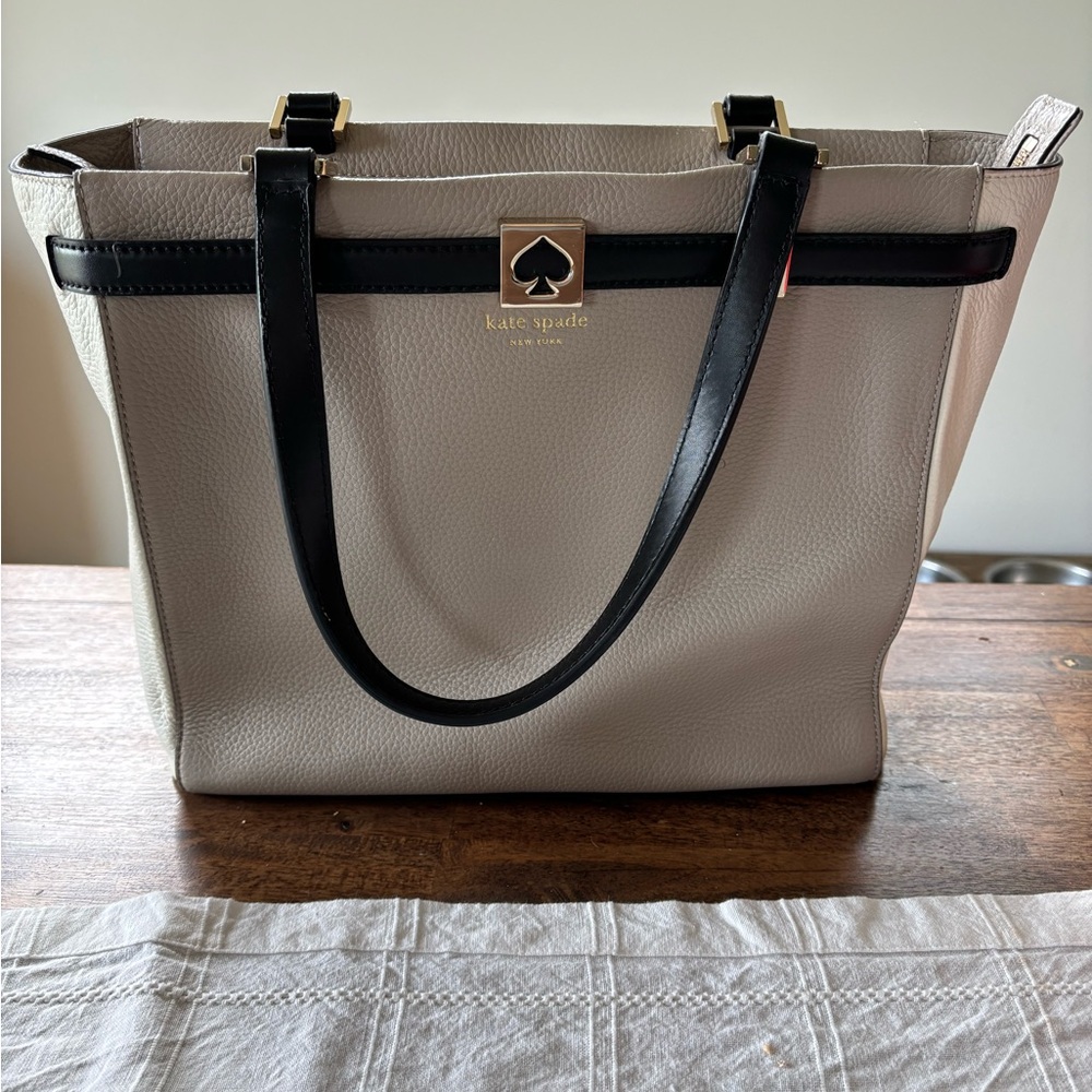 kate spade Cream and Black Leather Tote with Gold Spade Accent